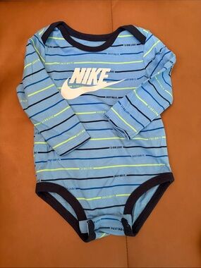 Nike Blue Striped Long-Sleeve Baby Bodysuit with Navy Trim